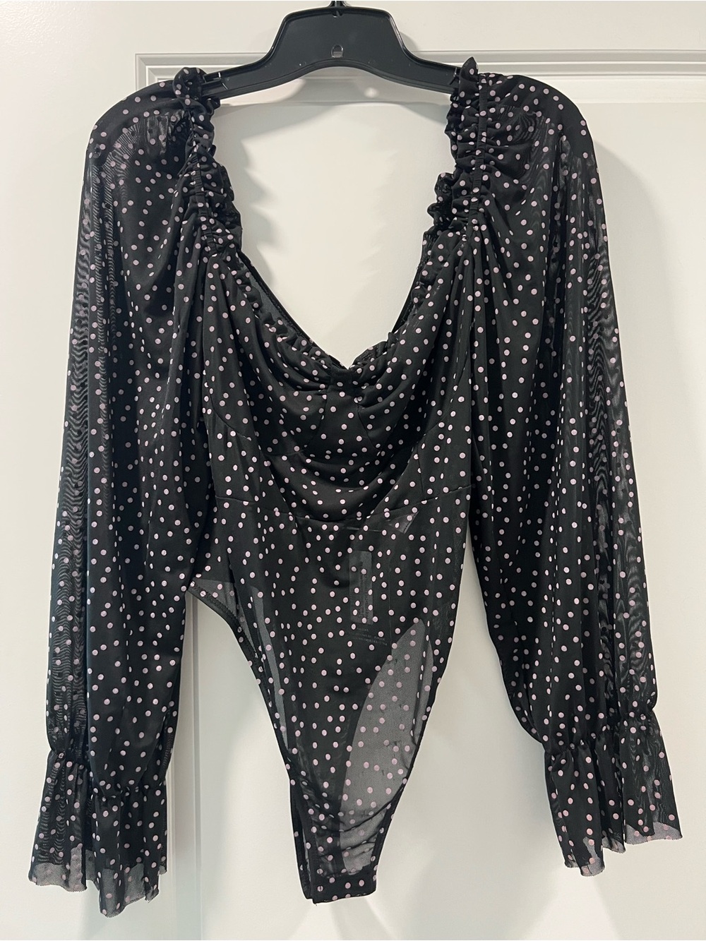 PrettyLittleThing Black Sheer Polka Dot Long-Sleeve Bodysuit
